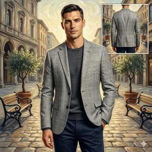 Banana Republic Mens 42R Slim Fit Linen Cotton Glen Check Blazer Grey 420479-00